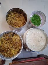 Dum aloo Biryani + Kheer + Raita